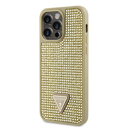 iPhone 15 Pro Max Uyumlu Kılıf Guess Orjinal Lisanslı Taşlı Arka Yüzey Üçgen Logolu Kapak Gold