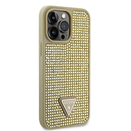iPhone 15 Pro Max Uyumlu Kılıf Guess Orjinal Lisanslı Taşlı Arka Yüzey Üçgen Logolu Kapak Gold