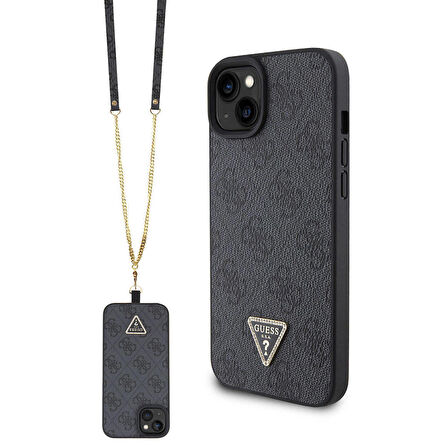 iPhone 15 Kılıf Guess Orjinal Lisans PU Deri Askılı Taşlı Üçgen Logo 4G Desen Strass Crossbody Siyah