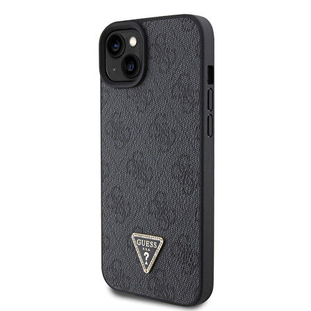 iPhone 15 Kılıf Guess Orjinal Lisans PU Deri Askılı Taşlı Üçgen Logo 4G Desen Strass Crossbody Siyah