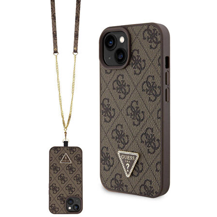 iPhone 15 Kılıf Guess Lisanslı PU Deri Askılı Taşlı Üçgen Logo 4G Desen Strass Crossbody Kahverengi