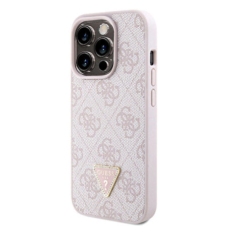 iPhone 15 Pro Kılıf Guess Lisanslı PU Deri Askılı Taşlı Üçgen Logo 4G Desenli Strass Crossbody Pembe