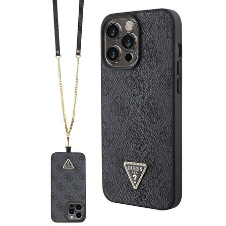 iPhone 15 Pro Max Kılıf Guess Lisanslı PU Deri Askılı Taşlı Üçgen Logo 4G Strass Crossbody Siyah