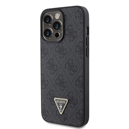 iPhone 15 Pro Max Kılıf Guess Lisanslı PU Deri Askılı Taşlı Üçgen Logo 4G Strass Crossbody Siyah