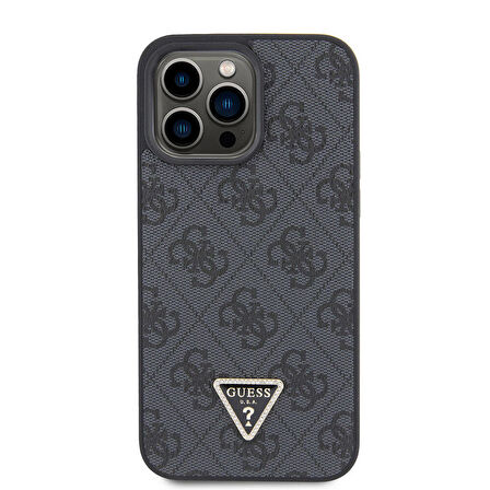 iPhone 15 Pro Max Kılıf Guess Lisanslı PU Deri Askılı Taşlı Üçgen Logo 4G Strass Crossbody Siyah