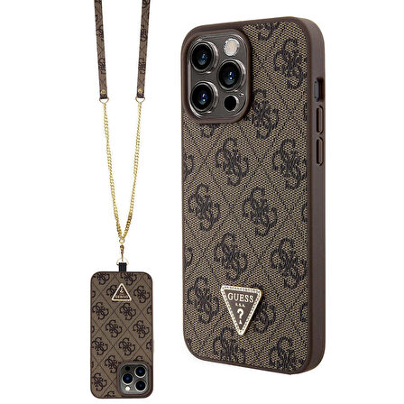 iPhone 15 Pro Max Kılıf Guess Lisanslı PU Deri Askılı Taşlı 4G Desenli Strass Crossbody Kahverengi