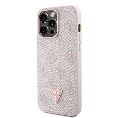iPhone 15 Pro Max Kılıf Guess Orjinal Lisans PU Deri Askı Taşlı Üçgen Logo 4G Strass Crossbody Pembe