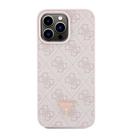 iPhone 15 Pro Max Kılıf Guess Orjinal Lisans PU Deri Askı Taşlı Üçgen Logo 4G Strass Crossbody Pembe