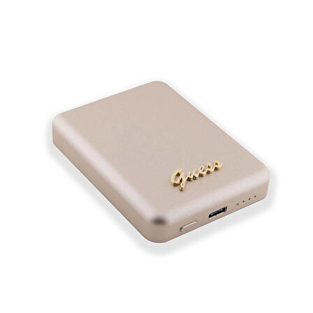 Guess Orjinal Lisanslı Magsafe Şarj Özellikli Metal Yazı Logolu Powerbank 3000mAh 5W Gold