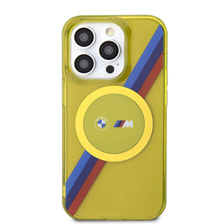 iPhone 15 Pro Max Kılıf BMW Magsafe Şarj Özellikli Transparan Tricolor Stripes Orjinal Lisanslı Sarı
