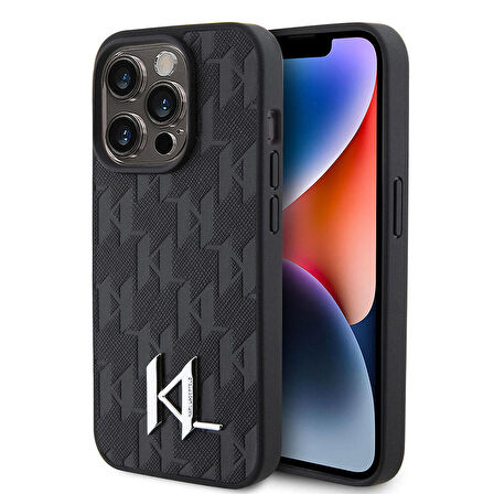 iPhone 15 Pro Max Uyumlu Kılıf Karl Lagerfeld Hot Stamp K&L Metal Logo Orjinal Lisanslı Kapak Siyah