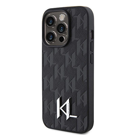 iPhone 15 Pro Max Uyumlu Kılıf Karl Lagerfeld Hot Stamp K&L Metal Logo Orjinal Lisanslı Kapak Siyah