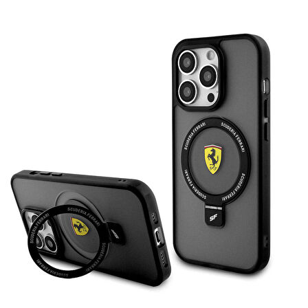 iPhone 15 Pro Max Uyumlu Kılıf Ferrari Magsafe Şarj Özellikli Standlı Buzlu Yüzey Dizayn Kapak Siyah