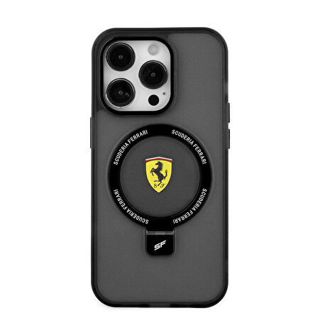 iPhone 15 Pro Max Uyumlu Kılıf Ferrari Magsafe Şarj Özellikli Standlı Buzlu Yüzey Dizayn Kapak Siyah
