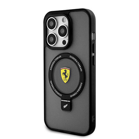 iPhone 15 Pro Max Uyumlu Kılıf Ferrari Magsafe Şarj Özellikli Standlı Buzlu Yüzey Dizayn Kapak Siyah
