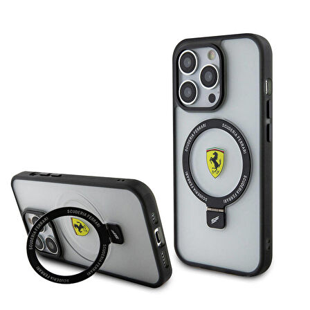 iPhone 15 Pro Max Kılıf Ferrari Magsafe Şarj Özellikli Standlı Buzlu Yüzey Dizayn Transparan Siyah