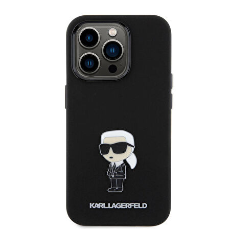 iPhone 15 Pro Uyumlu Kılıf Karl Lagerfeld Silikon İkonik Metal Logo Orjinal Lisanslı Kapak Siyah