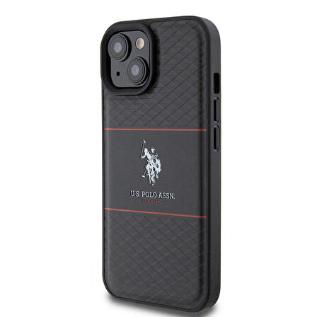 iPhone 15 Kılıf U.S. Polo Assn. Orjinal Lisanslı Deri Şeritli Logo Dizayn Kapak Siyah