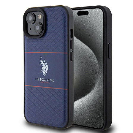 iPhone 15 Kılıf U.S. Polo Assn. Orjinal Lisanslı Deri Şeritli Logo Dizayn Kapak Lacivert