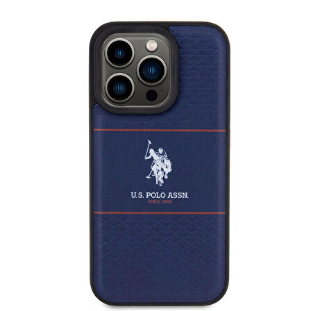 iPhone 15 Pro Kılıf U.S. Polo Assn. Orjinal Lisanslı Deri Şeritli Logo Dizayn Kapak Lacivert