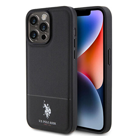 iPhone 15 Pro Max Kılıf U.S. Polo Assn. Orjinal Lisanslı Suni Deri Baskı Logolu Örgü Desenli Siyah