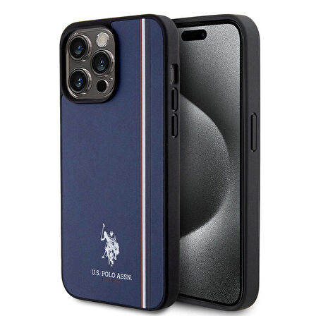 iPhone 15 Pro Max Kılıf U.S. Polo Assn. Orjinal Lisanslı Üç Renk Şerit Tasarımlı Baskı Logo Lacivert