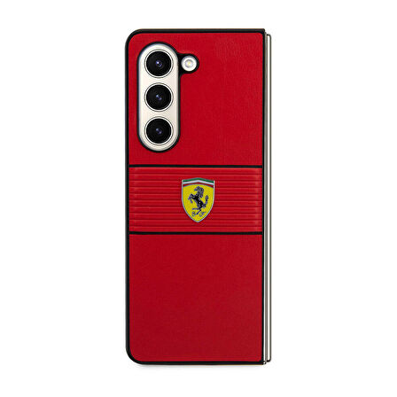 Galaxy Z Fold 5 Kılıf Ferrari Orjinal Lisanslı PU Deri Metal Logolu Multi Çizgili Kapak Kırmızı