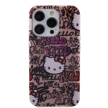 iPhone 15 Pro Kılıf Hello Kitty Orjinal Lisanslı İkonik Logolu Etiket Graffiti Kapak Pembe