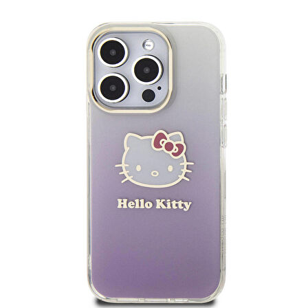 iPhone 15 Pro Kılıf Hello Kitty Orjinal Lisanslı Yazı ve İkonik Logolu Elektroplating Gradyan Mor