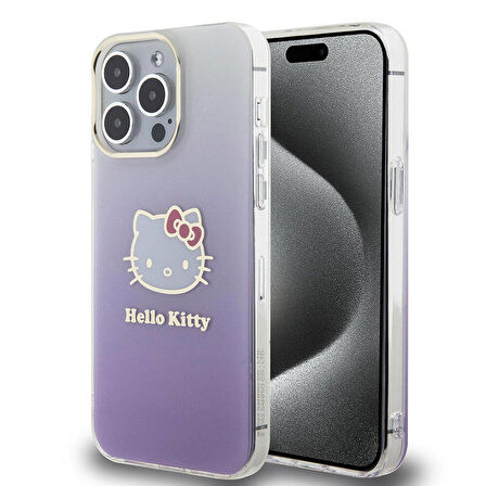 iPhone 15 Pro Max Kılıf Hello Kitty Orjinal Lisans Yazı ve İkonik Logo Elektroplating Gradyan Mor