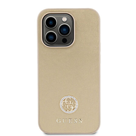 iPhone 15 Pro Uyumlu Kılıf Guess Orjinal Lisanslı Deri 4G Metal Logo Strass Kapak Gold