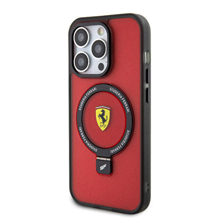 iPhone 15 Pro Max Uyumlu Kılıf Ferrari Magsafe Şarj Özellikli Standlı Buzlu Yüzey Dizayn Kapak Kırmızı