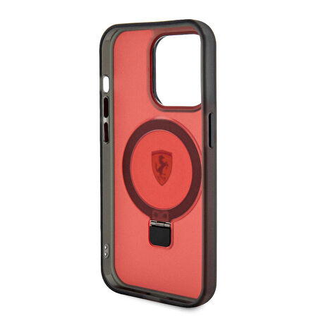 iPhone 15 Pro Max Uyumlu Kılıf Ferrari Magsafe Şarj Özellikli Standlı Buzlu Yüzey Dizayn Kapak Kırmızı