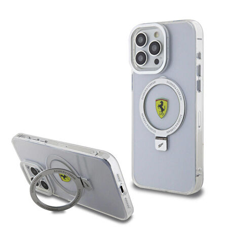 iPhone 15 Pro Max Uyumlu Kılıf Ferrari Magsafe Şarj Özellikli Standlı Buzlu Yüzey Dizayn Kapak Gümüş