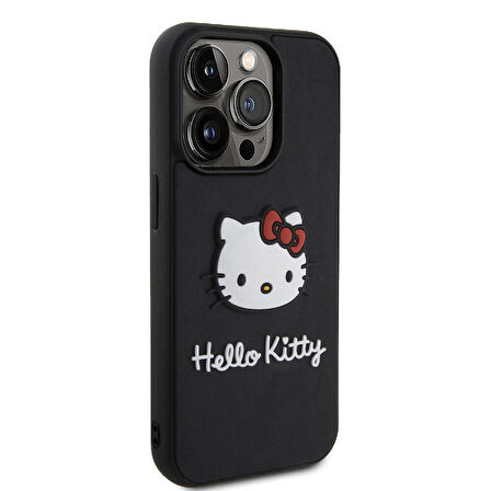 iPhone 15 Pro Uyumlu Kılıf Hello Kitty Orjinal Lisanslı İkonik Logolu 3D Rubber Kitty Head Siyah