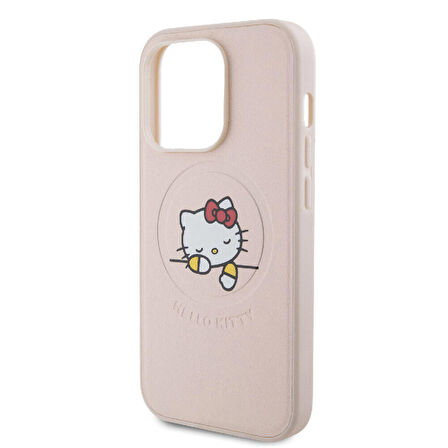 iPhone 15 Pro Kılıf Hello Kitty Orj Lisanslı Magsafe Özellikli Baskı Logolu Uyuyan Kitty Deri Pembe