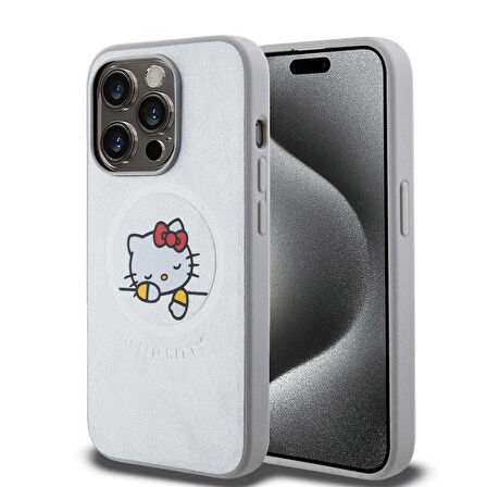 iPhone 15 Pro Kılıf Hello Kitty Orj Lisanslı Magsafe Özellikli Baskı Logolu Uyuyan Kitty Deri Gümüş