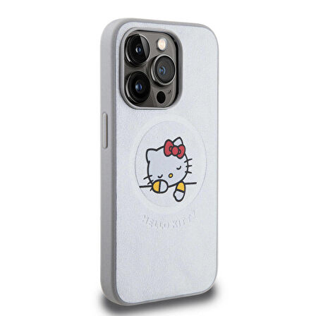 iPhone 15 Pro Kılıf Hello Kitty Orj Lisanslı Magsafe Özellikli Baskı Logolu Uyuyan Kitty Deri Gümüş