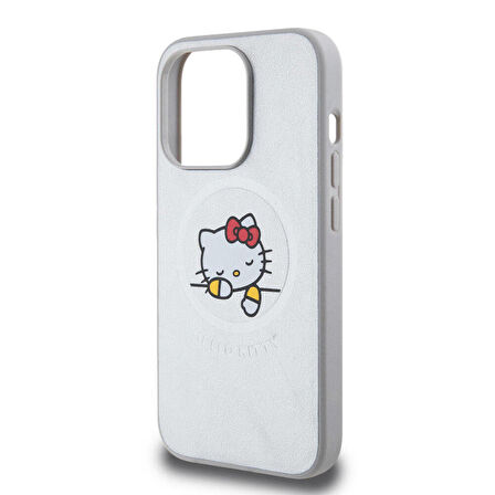 iPhone 15 Pro Kılıf Hello Kitty Orj Lisanslı Magsafe Özellikli Baskı Logolu Uyuyan Kitty Deri Gümüş