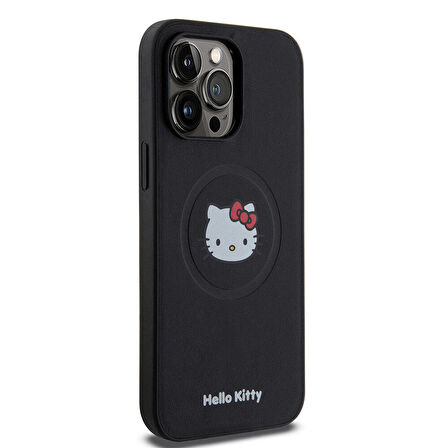 iPhone 15 Pro Max Uyumlu Kılıf Hello Kitty Orjinal Lisanslı Magsafe Özellikli Kitty Head Deri Siyah