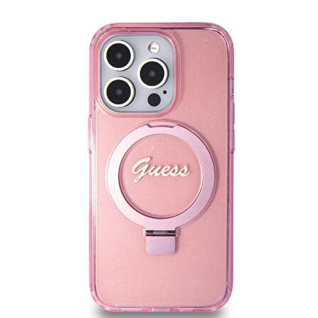 iPhone 15 Pro Uyumlu Kılıf Guess Orjinal Lisanslı Magsafe Özellikli Simli Ring Standlı Pembe