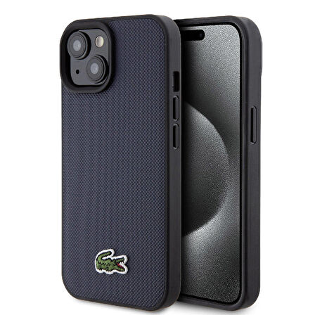 iPhone 15 Kılıf Lacoste Orjinal Lisanslı PU Pike Desenli İkonik Timsah Dokuma Logolu Kapak