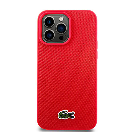 iPhone 15 Pro Max Kılıf Lacoste Orjinal Lisanslı PU Pike Desenli İkonik Timsah Dokuma Logo Kırmızı