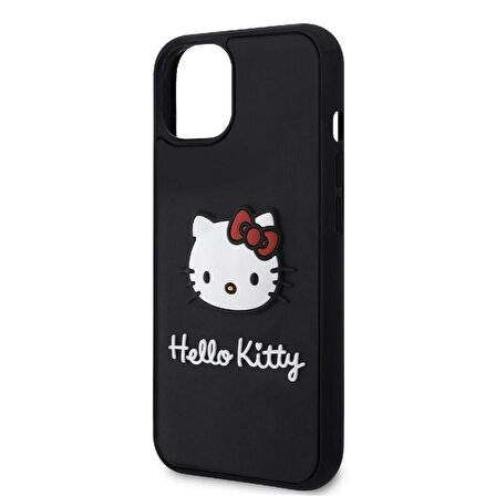 iPhone 15 Kılıf Hello Kitty Orjinal Lisanslı Yazı ve İkonik Logolu 3D Rubber Kitty Head Kapak Siyah