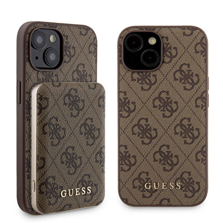 iPhone 14 Kılıf Guess Orjinal Lisanslı Magsafe Özellikli Kapak + Powerbank 5000mAh Kahverengi