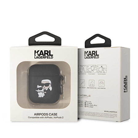 Airpods Uyumlu Kılıf Karl Lagerfeld Orjinal Lisanslı Karl&Choupette 3D Silikon Siyah