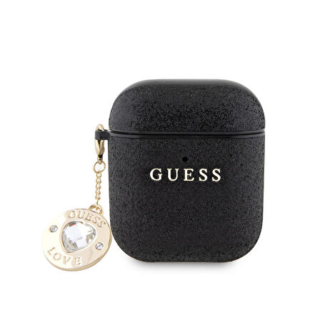 Airpods Uyumlu Kılıf Guess Orjinal Lisanslı Glitter Elmas Kalp Süs Zincirli Siyah