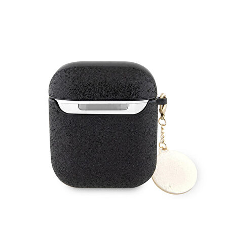 Airpods Uyumlu Kılıf Guess Orjinal Lisanslı Glitter Elmas Kalp Süs Zincirli Siyah