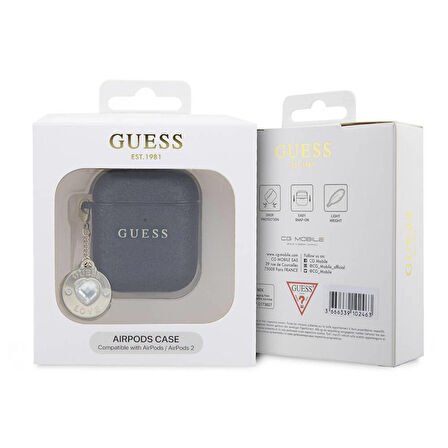 Airpods Uyumlu Kılıf Guess Orjinal Lisanslı Glitter Elmas Kalp Süs Zincirli Siyah