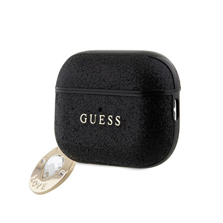 Airpods Pro 2 Uyumlu Kılıf Guess Orjinal Lisanslı Glitter Elmas Kalp Süs Zincirli Siyah